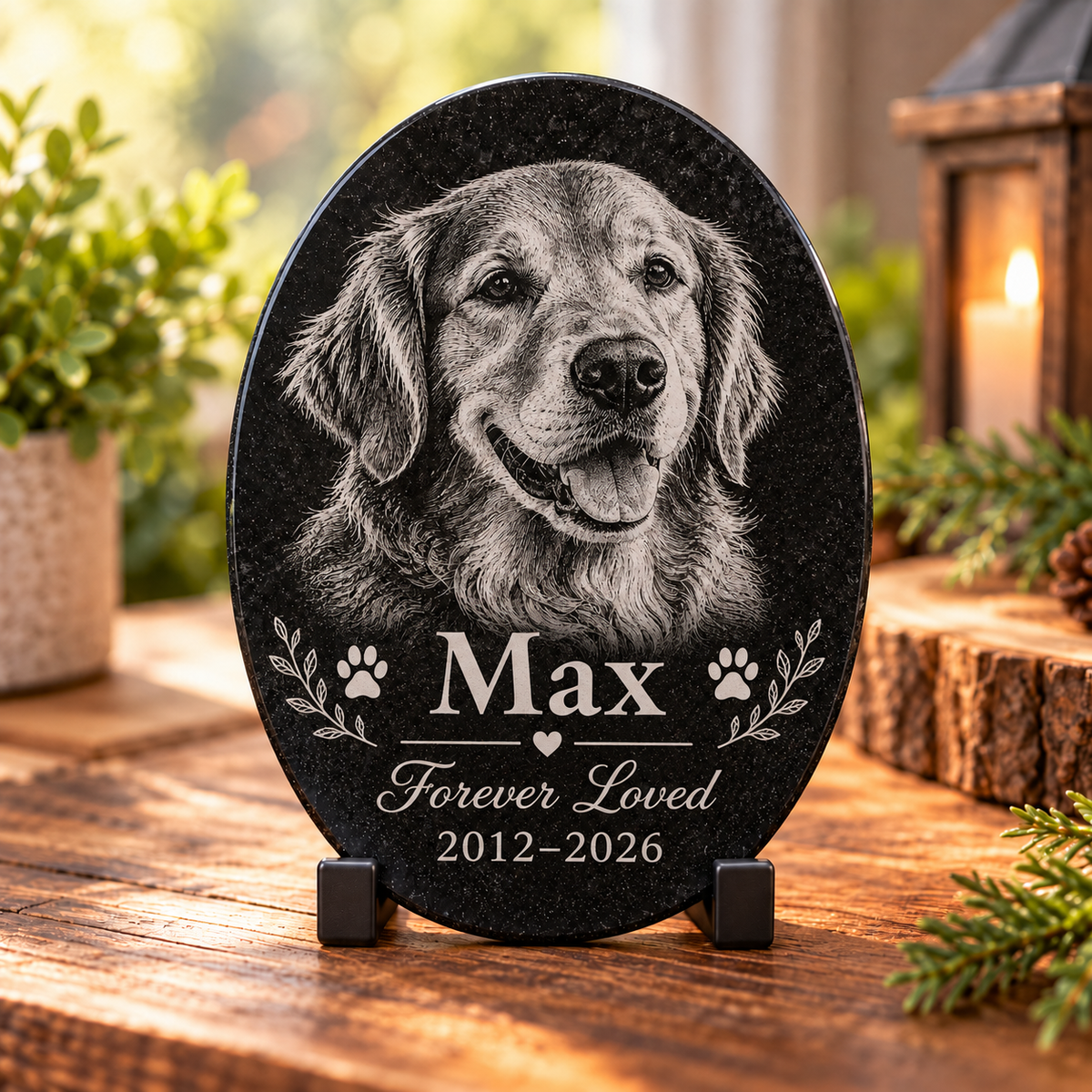 Oval personalized pet memorial on Jet Black Granite