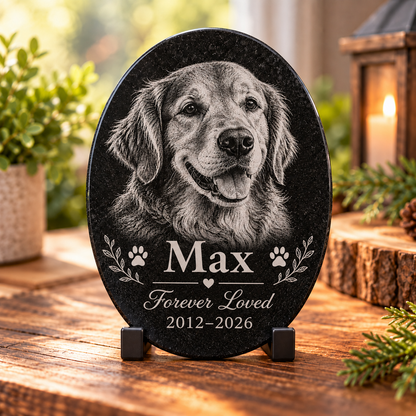 Oval personalized pet memorial on Jet Black Granite