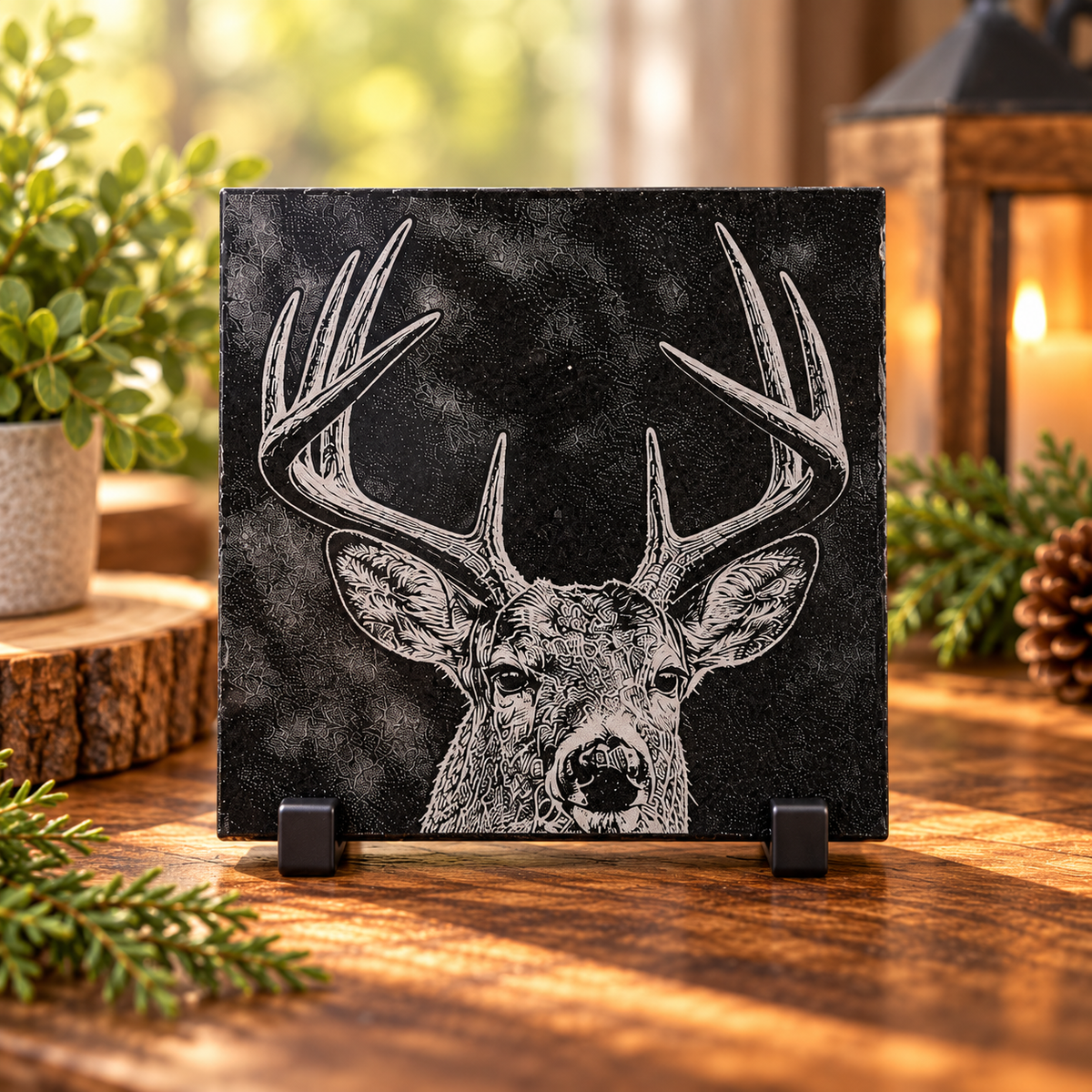 6 by 6 Jet Black Granite engraved deer keepsake